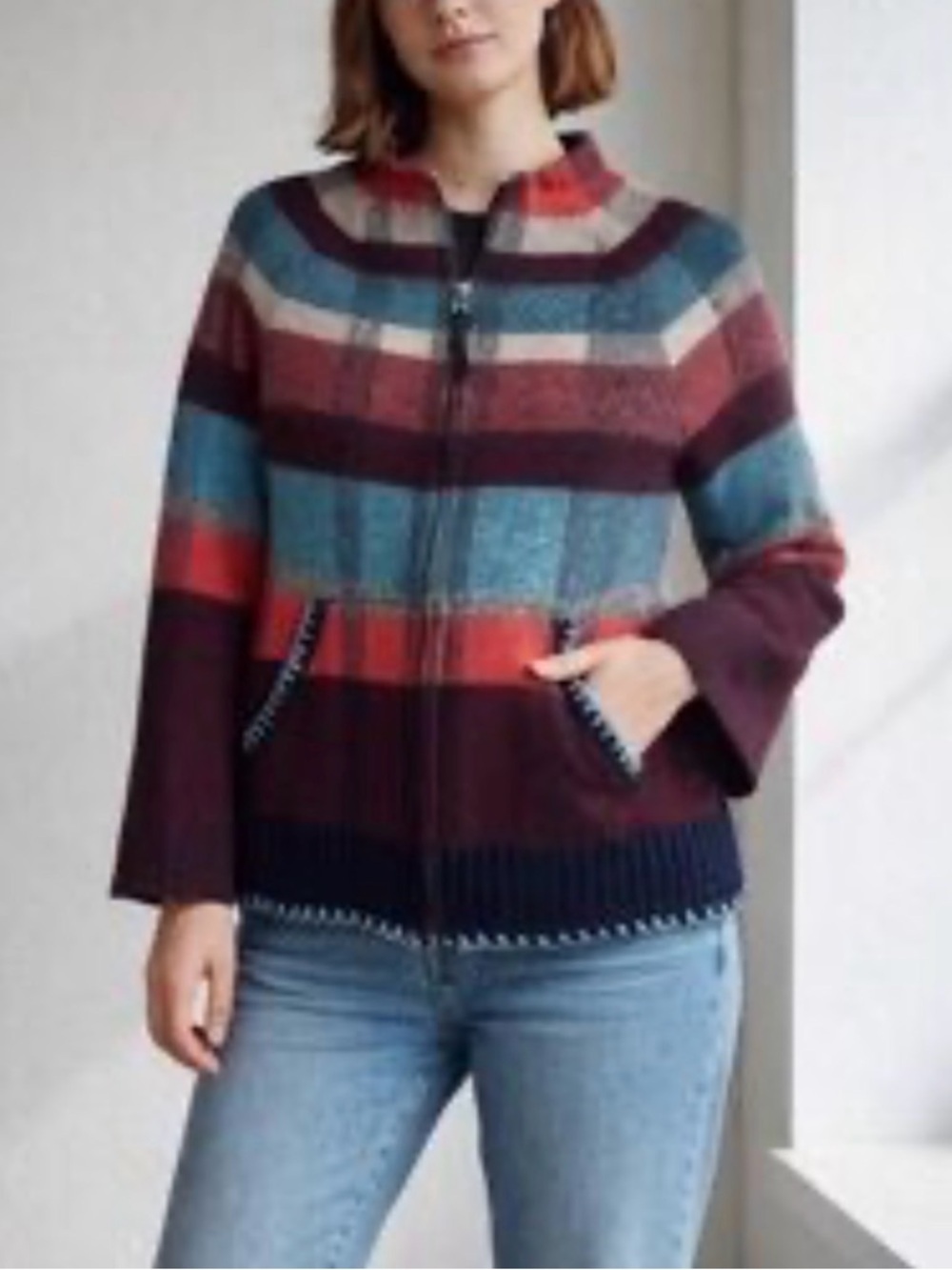 Anthropologie // Striped Zip-Up Women’s Sweater Jacket in Burgundy, Teal & Cream